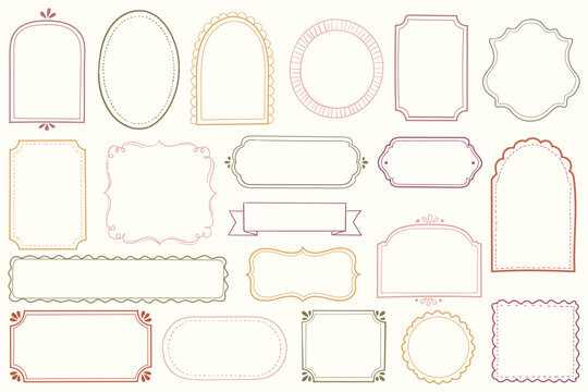 Set of Vintage hand drawn black minimal doodle frames set featuring ornate rectangular and oval borders laurel wreath floral elements sketch line art vector