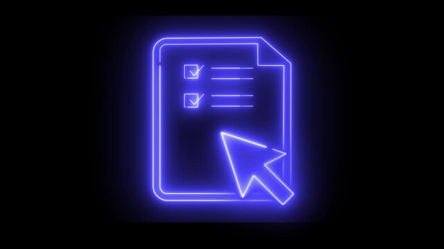 Neon light effect animation of a document icon with checkmarks and a cursor. Suggestes task completion, digital forms, or workflow management.
