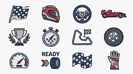 Naklejka premium Clean Racing Essentials Icons and Symbols for Motorsport Enthusiasts and Racing Simulators with high professional line art symbols for modern creative design and digital branding projects