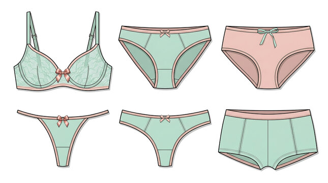 Mint Green with Blush Pink Lingerie Set &ndash; Six Matching Pieces on White Background