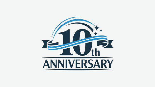 Elegant tenth anniversary celebration logo featuring a stylized number ten with a blue ribbon and stars on a white background.