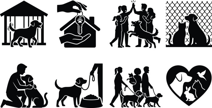 Pet Adoption and Animal Welfare Silhouette Icons Set Featuring Shelter Care and Rescue