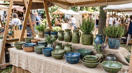 Fototapeta premium Outdoor market stall displaying handcrafted green and blue ceramic bowls, jugs and plant pots on linen covered table with wooden canopy and blurred shoppers in background at daytime craft fair