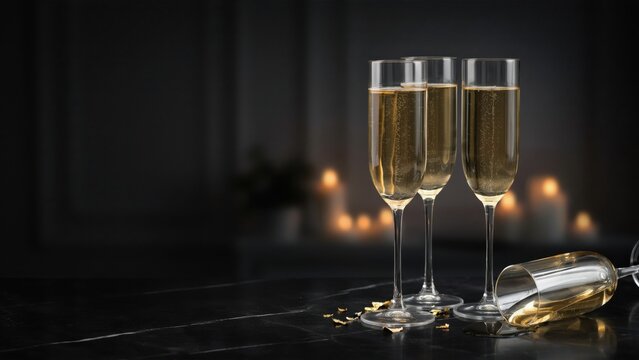 Three champagne flutes filled with bubbly golden liquid on dark background with candlelight