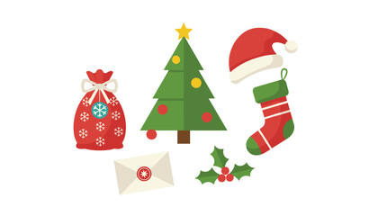 Naklejka premium Collection of flat christmas icons including a decorated tree santa hat red stocking gift bag and holly leaves on white.