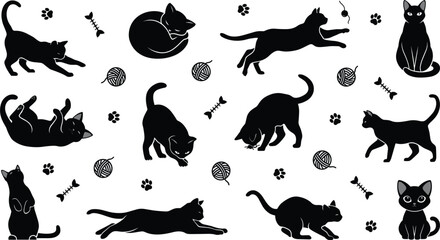Hand drawn black cat silhouettes vector illustration set featuring playful kittens stretching running sleeping and playing with yarn balls icons © KHATUN