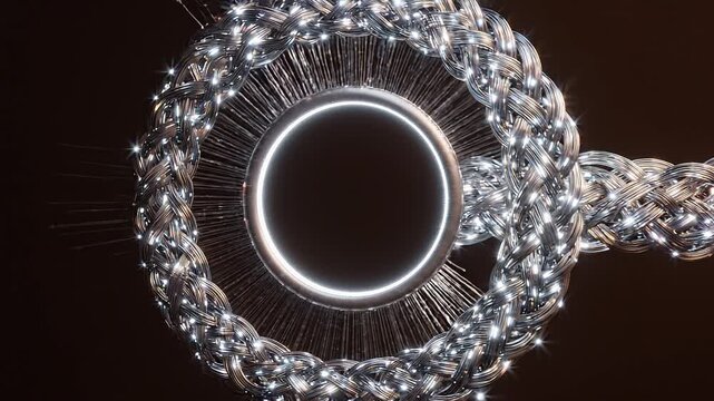 Shiny braided metal ring with glowing white inner ring and radiating fine filaments