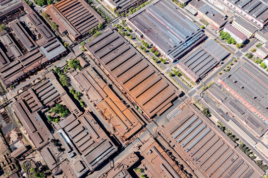 urban industrial district. roofs of industrial factory buildings and warehouses. aerial view.