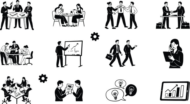 Hand drawn business team meeting vector illustration set featuring office partners brainstorming presenting financial charts shaking hands and collaborating