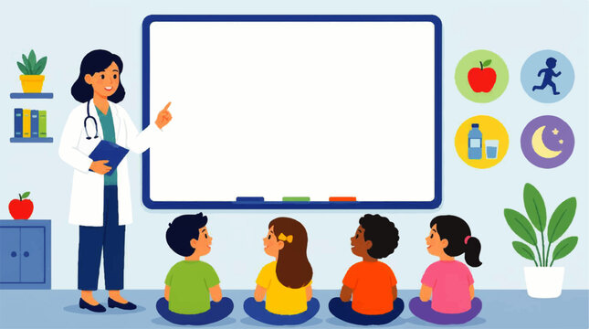 Doctor teaches children reflex with simple knee exam in a classroom setting
