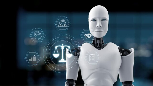 A humanoid robot presents a digital justice scale, surrounded by icons that symbolize technology and law. This image highlights future intersections of innovation and justice. Synapse
