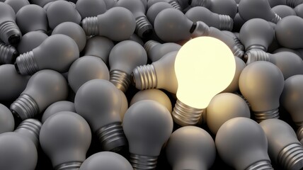 Fototapeta premium One Lit Glowing Light Bulb Among Many Dim Bulbs, Concept of Idea and Innovation