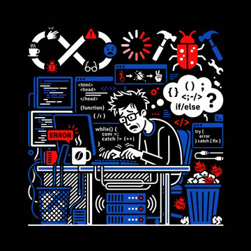 Stressed Software Developer Working Late on Computer Coding and Debugging Illustration.