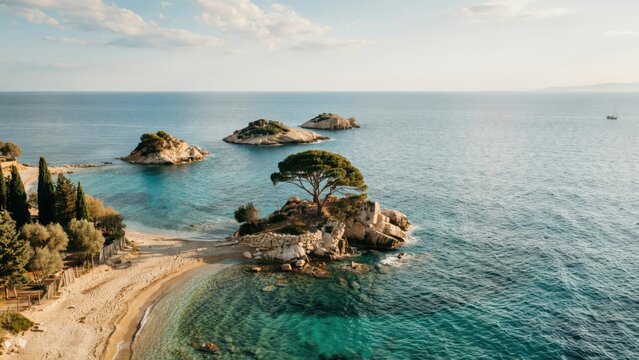 Aerial view of small rocky islands with a lone pine tree
