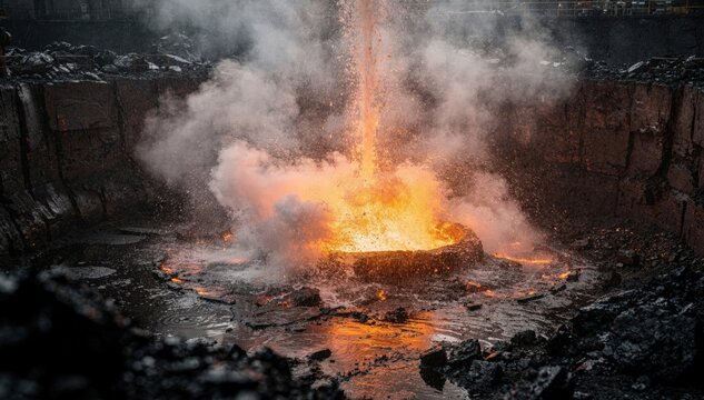 Medium shot capturing water quenching of molten slag in a granulation pit with steam billowing highlighting the interaction between water and hot slag for solidification.