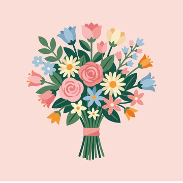 A colorful spring flower bouquet on a pink background