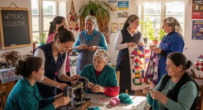 Womens Collective Crafting Together Sewing Quilt Knitting