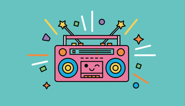 Fun and colorful cartoon boombox with a smiling face surrounded by festive party elements and retro music vibes on teal background.