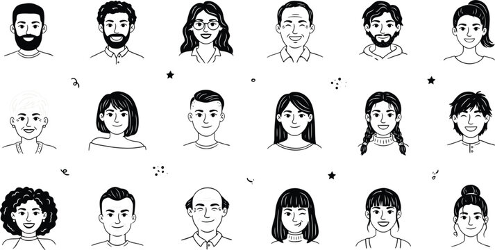 Hand drawn diverse people avatars vector illustration set featuring multiethnic men and women faces group headshots icons in minimalist sketch style