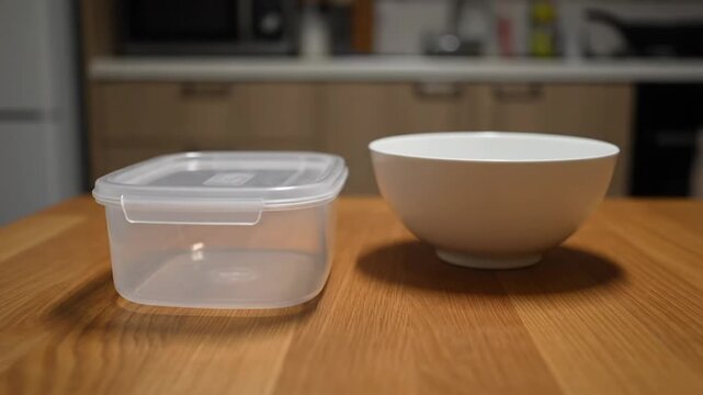 Clear Plastic Food Container And A White Bowl Sitting On A Wooden Table.