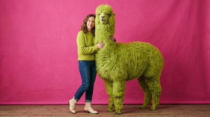 Fototapeta premium Woman standing and embracing oversized green dyed alpaca in studio with bold magenta backdrop, full length portrait conveying playful scale contrast, companionship and creative textile concept