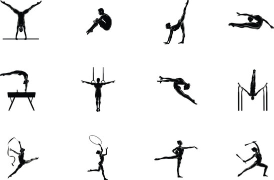 Hand drawn gymnastics silhouettes vector illustration set featuring artistic gymnast athletes performing on pommel horse rings parallel bars and floor exercise