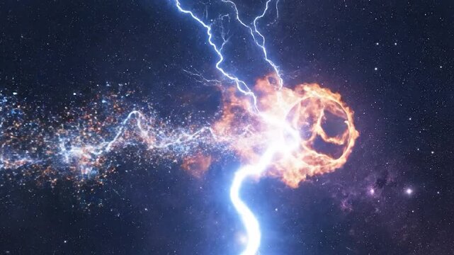 A burning planet collides with lightning in deep space