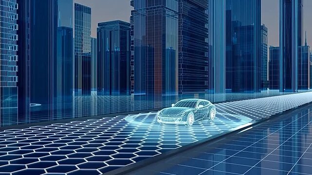 Futuristic car in digital cityscape