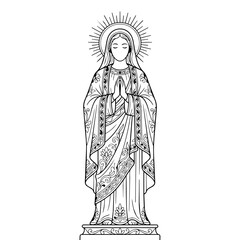 Obraz premium Virgin Mary Statue Line Art - Religious Iconography and Faith Symbol