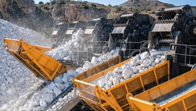 Outdoor medium shot capturing gypsum rocks moving through heavy industrial crushers and vibrant yellow vibrating screens under bright natural light.