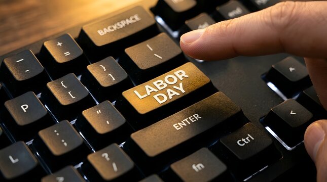 Finger pressing a custom labor day key on a computer keyboard