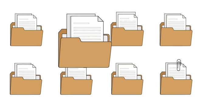 Set of office file folder and document management icons.