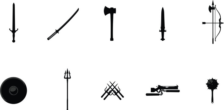 Historical medieval weapons black silhouettes vector illustration set featuring sword katana battle axe dagger bow and arrow shield and spiked mace icons