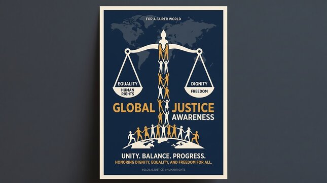 A poster promoting Global Justice Awareness on International Justice Day with a dark blue background and gold accents