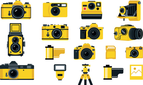 Vintage and Modern Yellow Camera Vector Icon Set Featuring SLR, DSLR, Polaroid, Film Rolls, Tripod, Flash Speedlight, Memory Card, and Photo Frame Graphics