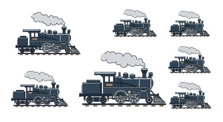Vintage steam locomotive train icons in various positions. © Satria