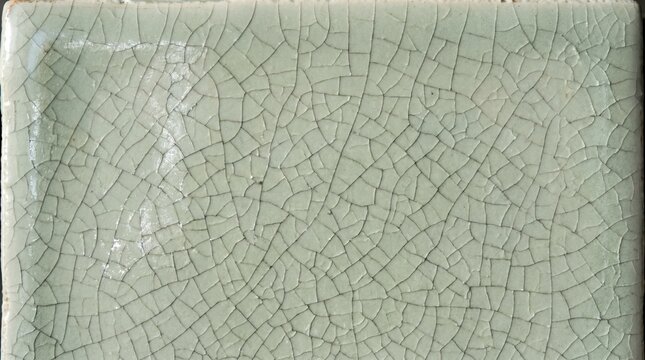 Close up of pale green glazed ceramic tile with fine crackle crazing and glossy finish showing aged distressed surface and intricate network of cracks for material texture and restoration references