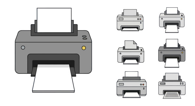Various office printer and scanner line art icons set.