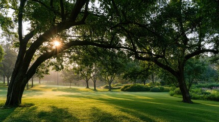 Obraz premium Sunlight pierces through the trees in a green garden; a refreshing and relaxing natural concept.