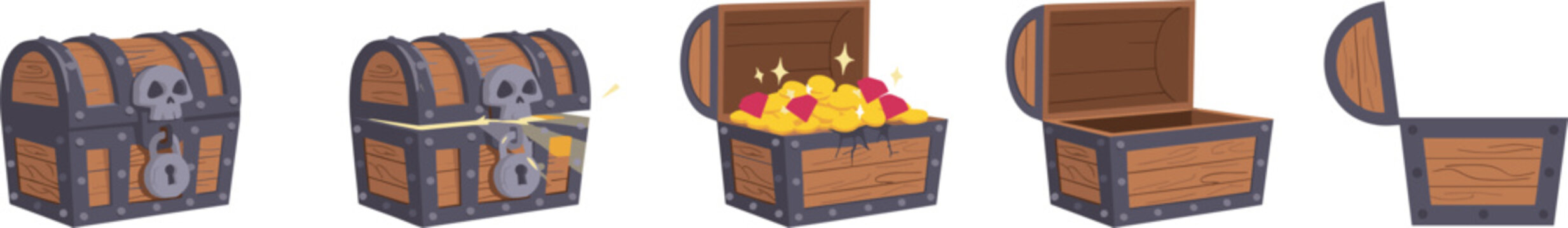 Pirate treasure chest opening animation vector illustration set featuring wooden boxes with skull lock closed cracking full of gold coins empty and side view