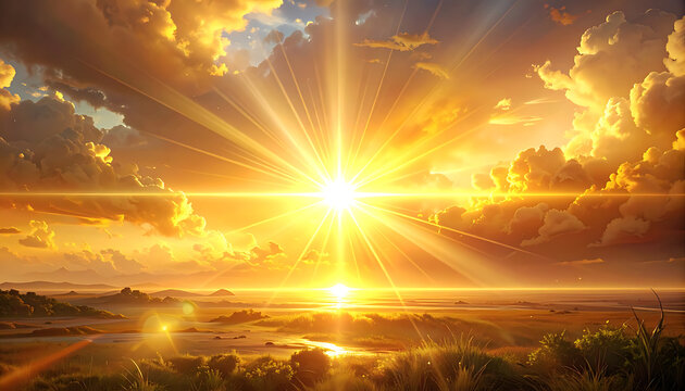 Vibrant golden sunset with radiant sun rays breaking through dramatic fluffy clouds over tranquil landscape horizon