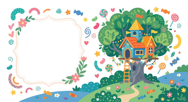 Whimsical children's treehouse illustration with a blank decorative frame, surrounded by floating sweets, candies, and colorful nature elements.