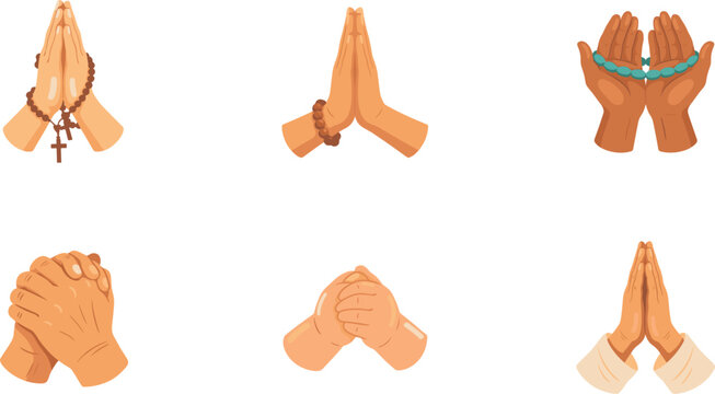 Praying hands vector illustration set with diverse hands holding rosary beads prayer beads clasped fingers and namaste gesture for faith religion or spiritual concepts