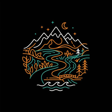 Minimalist Neon Line Art Landscape with Mountains River and Crescent Moon.