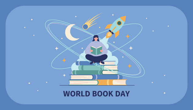 Inspirational woman sitting on a stack of books and reading in outer space with a rocket and moon for world book day celebration.