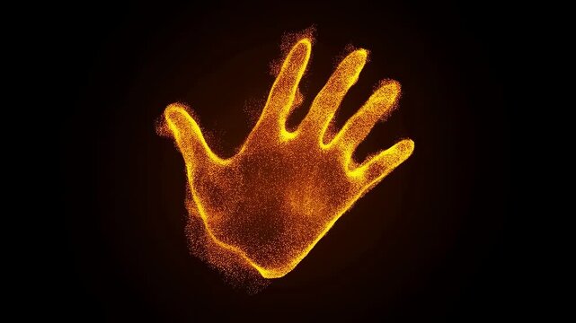 Fiery hand silhouette glowing on dark background middle frame
