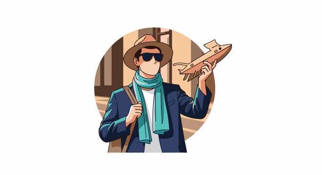 A man in a blue jacket and hat holds a model airplane