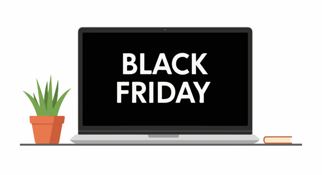 A laptop with a black screen displaying "BLACK FRIDAY" in white text