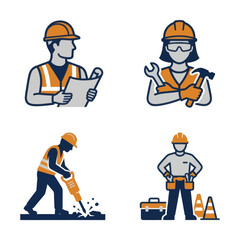 Fototapeta premium Construction worker icons set featuring engineer with blueprint female builder with tools and laborer with jackhammer.