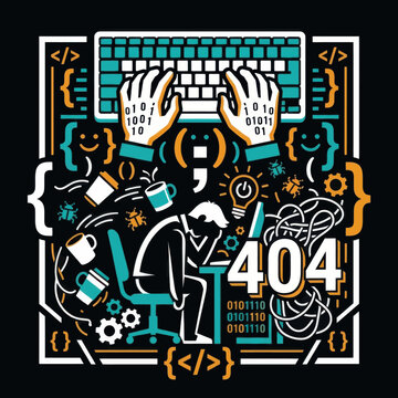 Frustrated software developer working on computer with error 404 and coding symbols illustration.